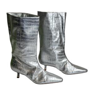 Kenneth Cole Meryl Faux Leather Silver Metallic Croco Boot Kitten Heel Party 9.5